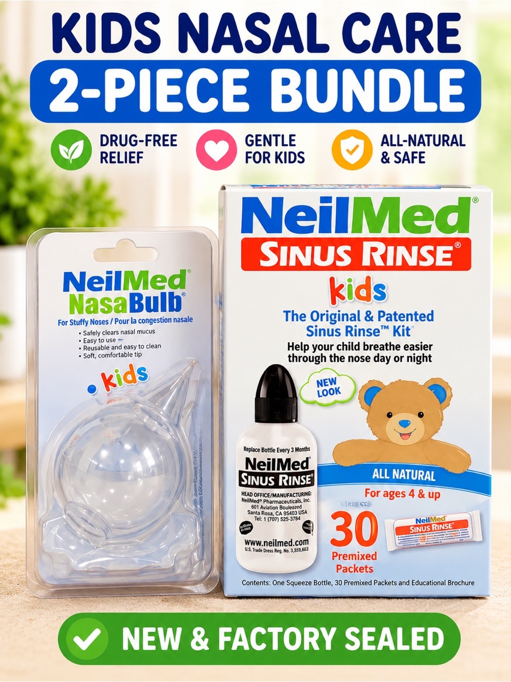 NeilMed Kids Sinus Rinse Kit 30 Packets + Nasal Aspirator NEW